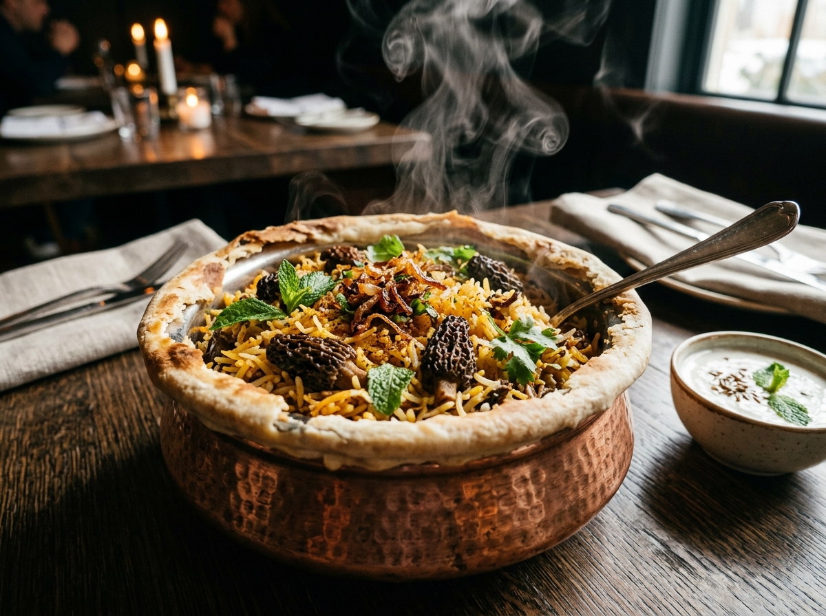 Gucchi Biryani — Aromatic saffron basmati rice interspersed with rare, earthy Himalayan Gucchi (morel) mushrooms, sealed in a traditional handi.