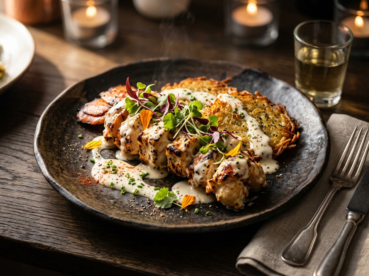 Lobster Malai Tikka — Lobster tail chunks marinated in a rich, creamy white malai sauce with subtle tandoor char, served with potato rosti.