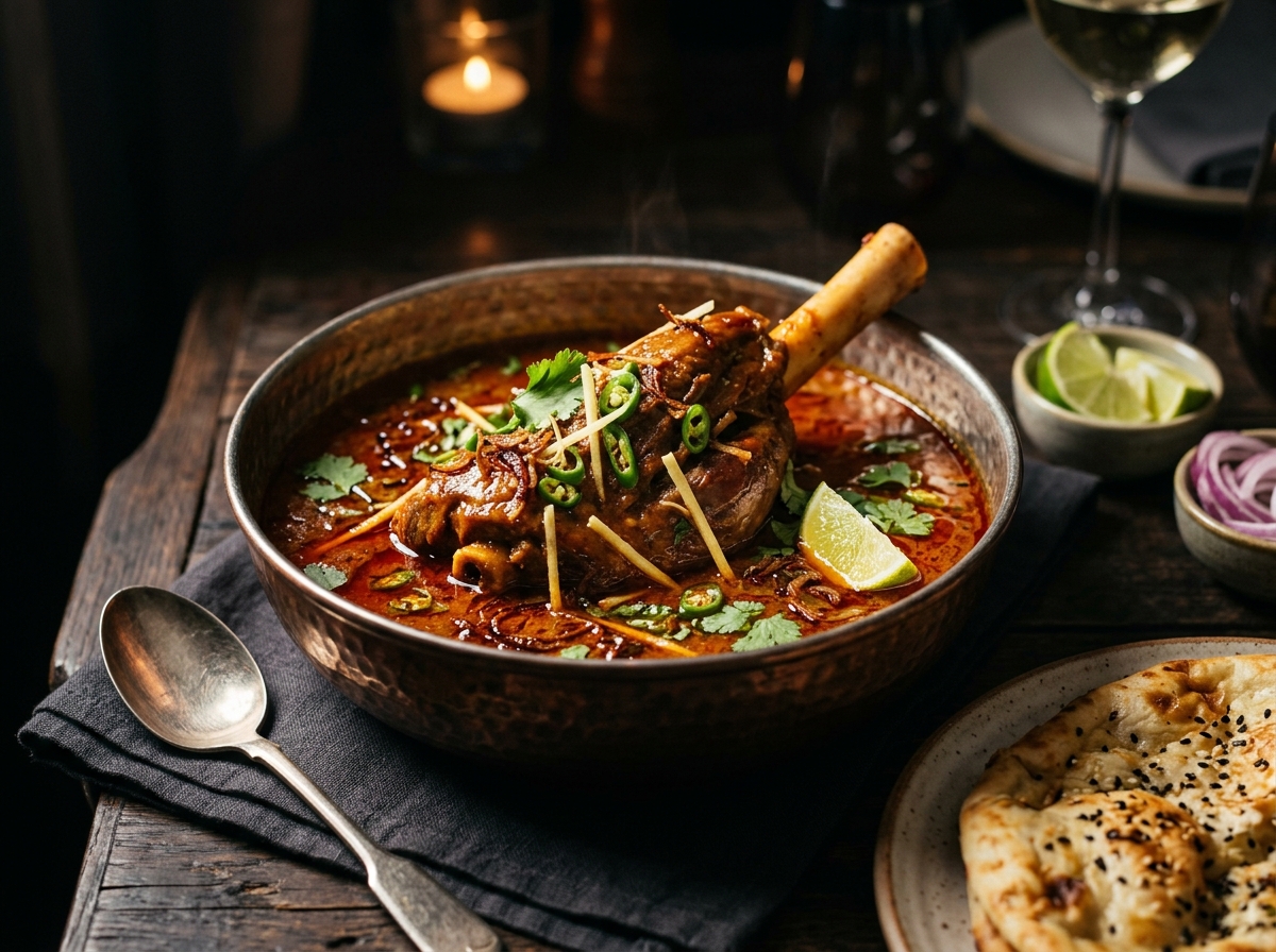 Nalli Nihari — Rich, slow-cooked lamb shank in a deep, glossy, vibrant red-orange gravy, shimmering with chilli oil and ginger juliennes.