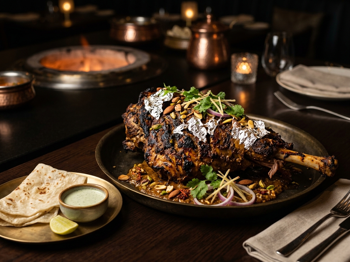 Tandoori Raan Masala — Slow-cooked, deeply charred leg of lamb coated in rich, dark red spices and silver warq. A true royal indulgence.